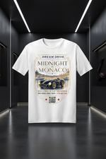 White t-shirt with a car-themed graphic design on a black background